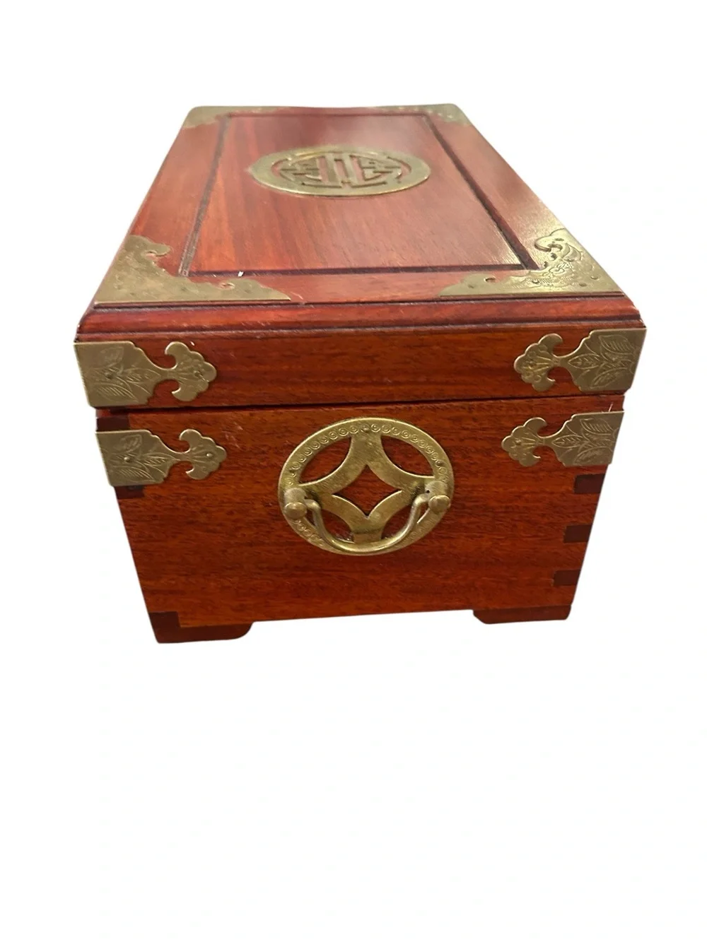 Vintage Chinese Rosewood Decorative Wooden Jewelry Box  Brass Hardware  Hongmu
